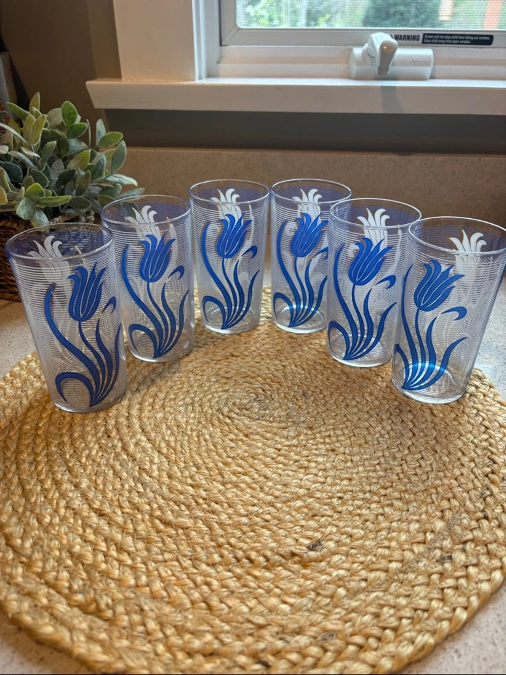 (6) Vintage MCM Blue and White Tulip Glasses - 8 oz.